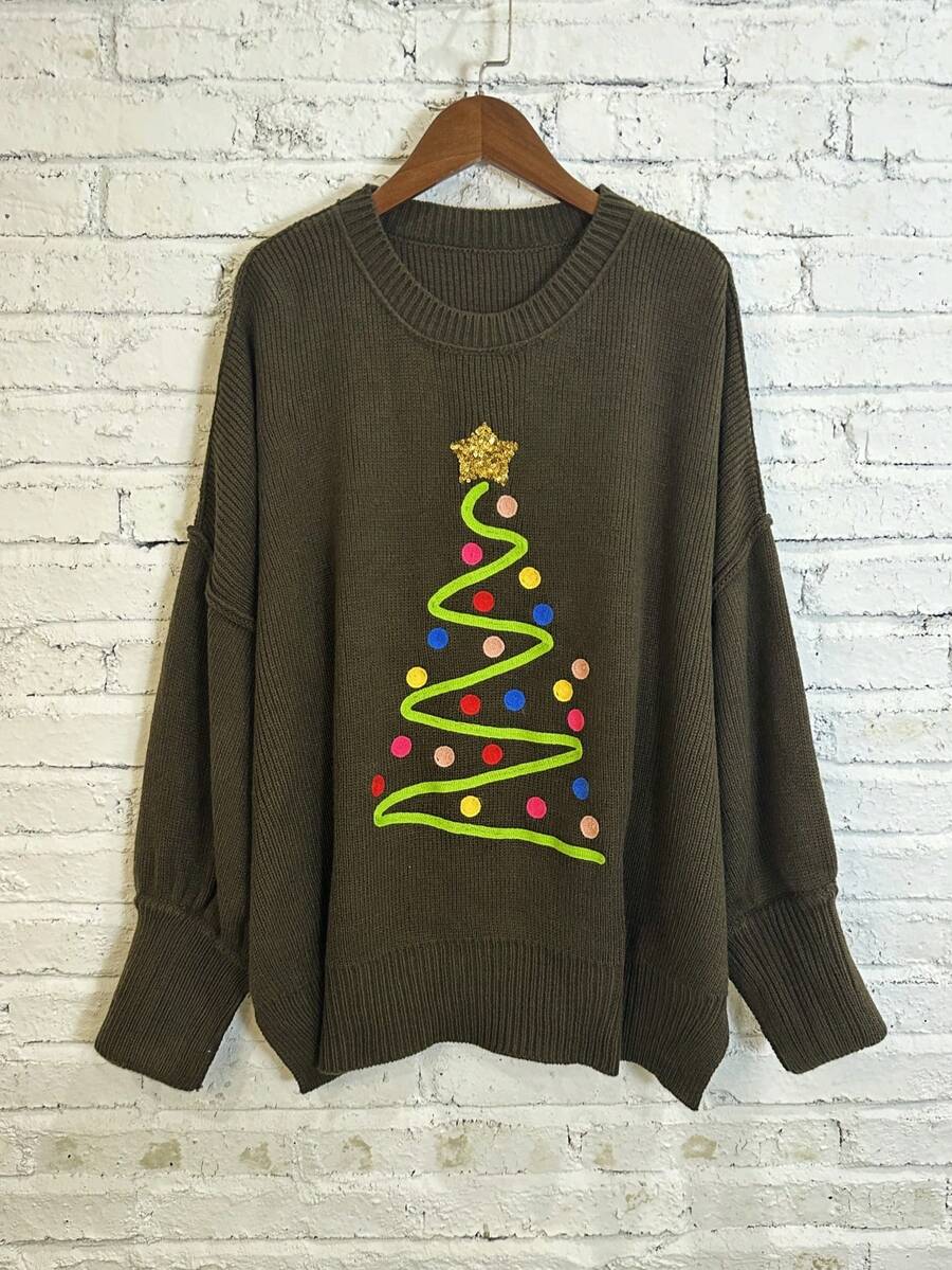 Damen Weihnachts Oversized Pullover mit Stehkragen und Drop Shoulder - Kaffeebraun - Übersicht 1
