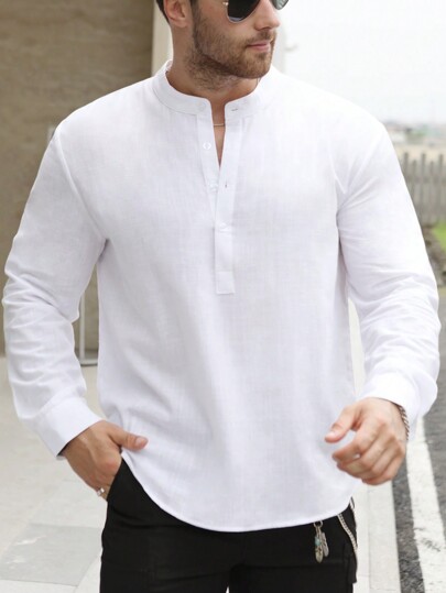 Men's Solid Color Lightweight Long Sleeve Shirt, Stand Collar Button, Fashion Minimalist Style, Suitable For Daily, Commute, Casual, And Holiday Wear, Fall