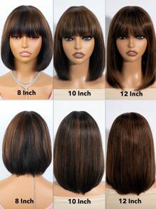 真人发直发鲍勃假发，透气刘海 - 150% 密度，雷米真人发无胶假发，无蕾丝，高光颜色，适合所有女性