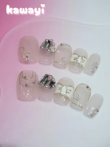 10 件/包超短梯形指甲贴，手绘可爱裸色蝴蝶结珍珠 3D 水钻美甲装饰，优质可重复使用指甲贴纸，适合日常佩戴 - 無色 - 查看 10