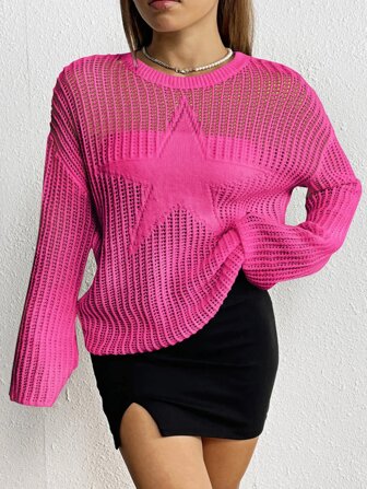 Plus Size Women's Sweater Hollow Star Pattern Long Sleeve Top Casual Ladies Apparel For Party Beach Tops Spring Outfits For Women Tropical Vacation Woman Clothes Beach Outfits For Woman Summer Bohemia Elegant Vacation Casual Summer Outfits For Women