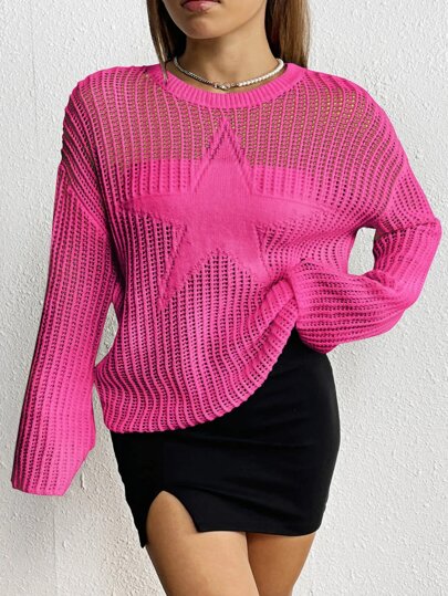 Plus Size Women's Sweater Hollow Star Pattern Long Sleeve Top Casual Ladies Apparel For Party Beach Tops Spring Outfits For Women Tropical Vacation Woman Clothes Beach Outfits For Woman Summer Bohemia Elegant Vacation Casual Summer Outfits For Women