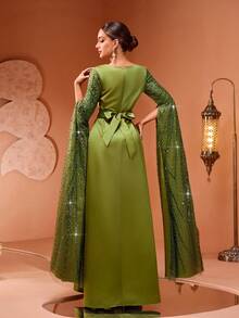 全新奢华高端优雅女士串珠亮片装饰超长袖及地长袍连衣裙