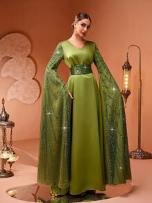 全新奢华高端优雅女士串珠亮片装饰超长袖及地长袍连衣裙