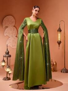 全新奢华高端优雅女士串珠亮片装饰超长袖及地长袍连衣裙