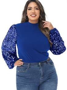 Women's Plus Size Sparkle Sequin Sweatshirt Mock Neck Pullover Long Sleeve Glitter Party Tops - 藏蓝色 - 查看 4