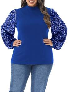 Women's Plus Size Sparkle Sequin Sweatshirt Mock Neck Pullover Long Sleeve Glitter Party Tops - 藏蓝色 - 查看 1