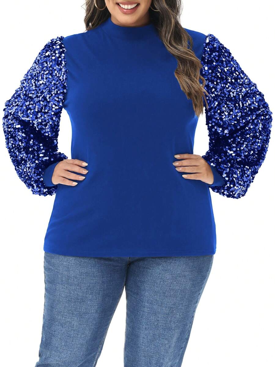 Women's Plus Size Sparkle Sequin Sweatshirt Mock Neck Pullover Long Sleeve Glitter Party Tops - 藏蓝色 - 查看 1