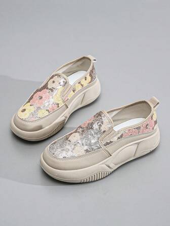 Slip-on sportskor för sommar för kvinnor, blommiga paljetter, platta loafers, snygga och bekväma