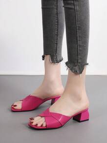 Summer New Fuchsia Slip-On Sandals Women Outside Wear Thick Heel Square Toe Female Slippers High Heel Sandals