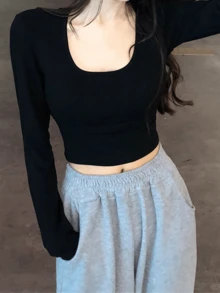 Custom Funny Women's Black Square Neckline Long Sleeve Slim Fit Base Top Custom Funny Pattern - Black - View 3