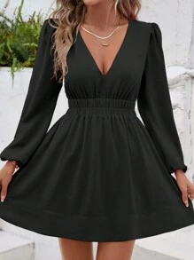 新款性感V领长袖短款连衣裙，优雅别致的黑色迷你连衣裙 - 黑色 - 查看 1