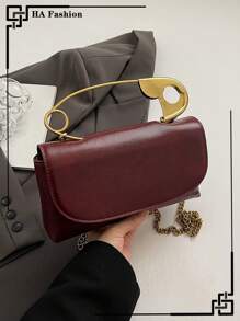 复古勃艮第色单肩包，独特的大胸针手提包，勃艮第色百搭女士斜挎包，适合日常办公使用，时尚勃艮第色包