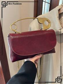 复古勃艮第色单肩包，独特的大胸针手提包，勃艮第色百搭女士斜挎包，适合日常办公使用，时尚勃艮第色包