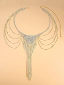 Alluring Angel Wing Body Chain, Sparkling Rhinestone Embellished Sexy Glittery Fringed Chest Chain For Party, Runway, And Festival - Gold - View 6