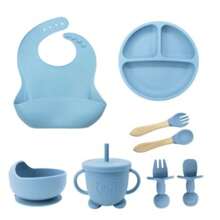Silicone Baby Cutlery 8 Pieces Children's Cutlery Kit With Suction Cup Straw Spoon Bib Fork - Màu xanh nhạt - Xem 1