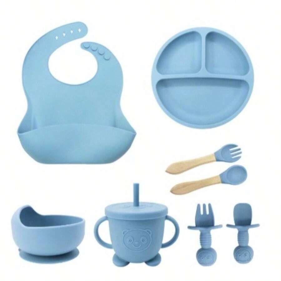 Silicone Baby Cutlery 8 Pieces Children's Cutlery Kit With Suction Cup Straw Spoon Bib Fork - Màu xanh nhạt - Xem 1