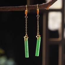 1 对时尚精致绿松石竹节流苏吊坠耳环，中国风，简约设计，百搭 - 綠色 - 查看 6