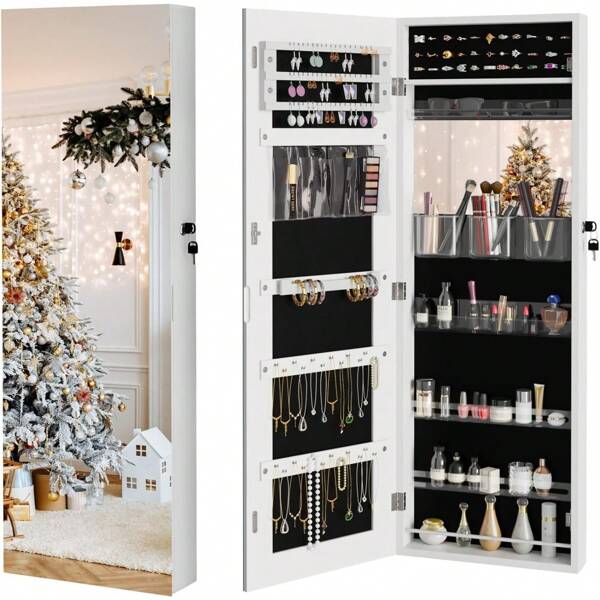 White Jewellery Cabinet Mirror, Wall Mounted & Door Hanging Dressing Mirror, Jewellery Organiser Wardrobe, Lockable Jewellery Armoire With Large Storage Back To School Dormitory Storage