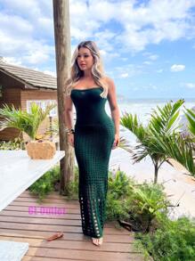 CROCHET INSPIRATION Elegant Long Dress For Women Strapless Red White Black Ideal For Party, Wedding, Christmas, Graduation, Beach - 軍綠色 - 查看 2