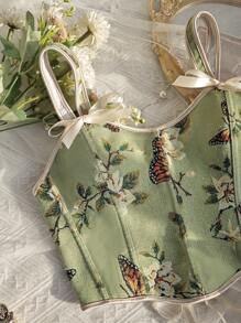 1pc Floral Print Fashionable Cami Backless Butterfly Lace-Up Cropped Corset Top, Elegant Design
