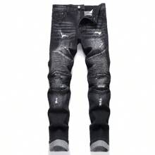Pantalones vaqueros ajustados para hombres con roturas, pantalones vaqueros ajustados de motorista de moda con estiramiento, pantalones vaqueros de denim con diseño de moto - Negro - Ver 1