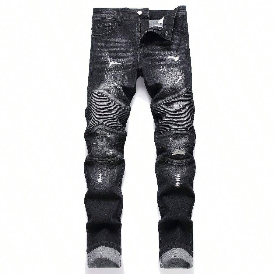 Pantalones vaqueros ajustados para hombres con roturas, pantalones vaqueros ajustados de motorista de moda con estiramiento, pantalones vaqueros de denim con diseño de moto - Negro - Ver 1