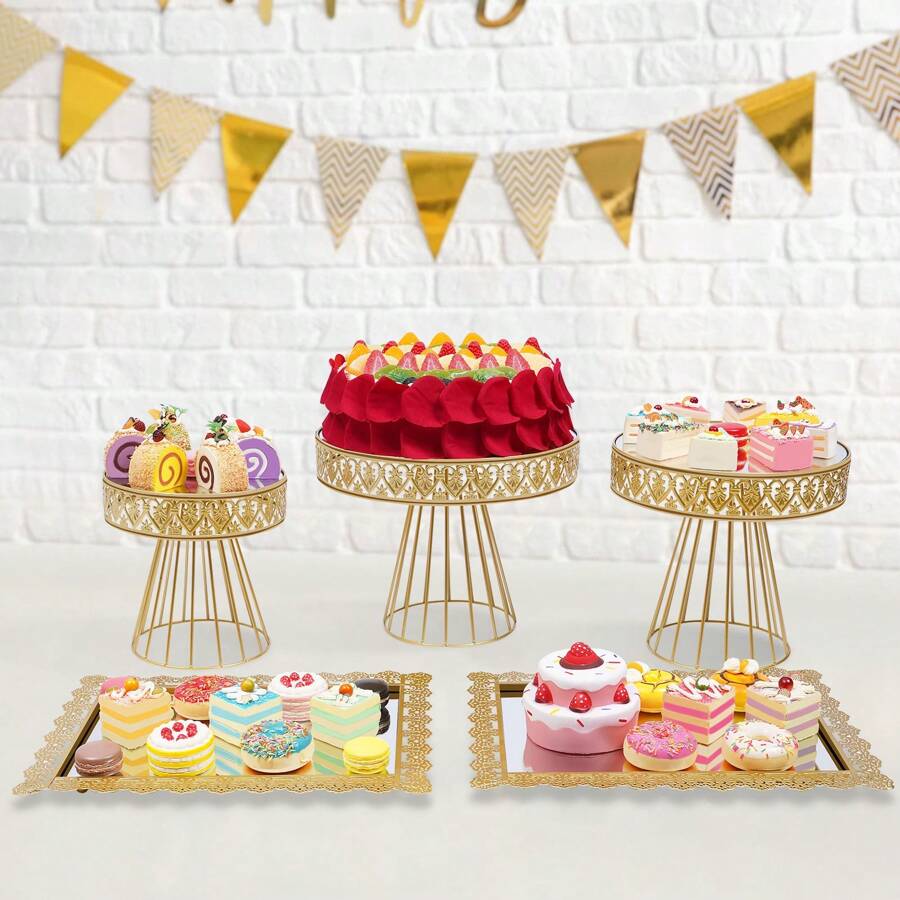 5-Piece Set Cake Stands Round Cupcake Stands,Metal Wedding Birthday Party Celebration Dessert Display Plates, Gold - Gold - View 1
