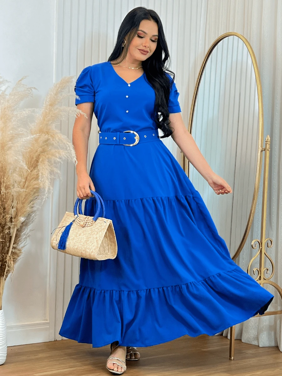 Long Loose Party Dress With V-Neck Belt - Blue - View 1