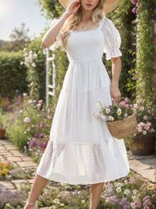 hoteel Women's Square Neck Puff Sleeve Boho Midi Dress Swiss Dot Ruffle Tie Back Dress - trắng - Xem 4