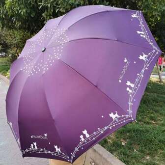 1 件随机图案雨伞和太阳伞，10 骨黑色涂层大尺寸花卉印花两用遮阳伞夏季降温、沙滩、旅行