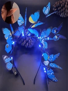 Corona de flores luminosa con mariposas, diadema con flores y mariposas que se iluminan para mujeres, ideal para bodas, fiestas, navidad, año nuevo. Accesorios brillantes para espectáculos, joyería para el cabello nupcial. - multicolor - Ver 2