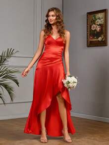 Solid Color V-Neck Fitted Sling Bridesmaid Dress, Elegant - Red - View 5