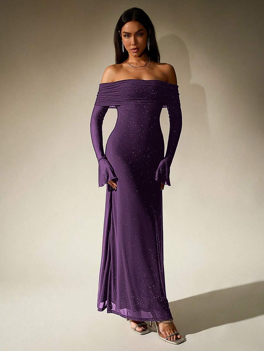 PARTHEA Elegant Party Sequin Off-Shoulder Mesh Maxi Dress
