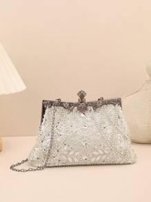 1 Pc Heavy Industry Quiet Luxury Silver Hand-Held Pearl Embroidered Dinner Bag, Party Bag, Wedding Gift Bag, Women's Bag - Silver - View 6