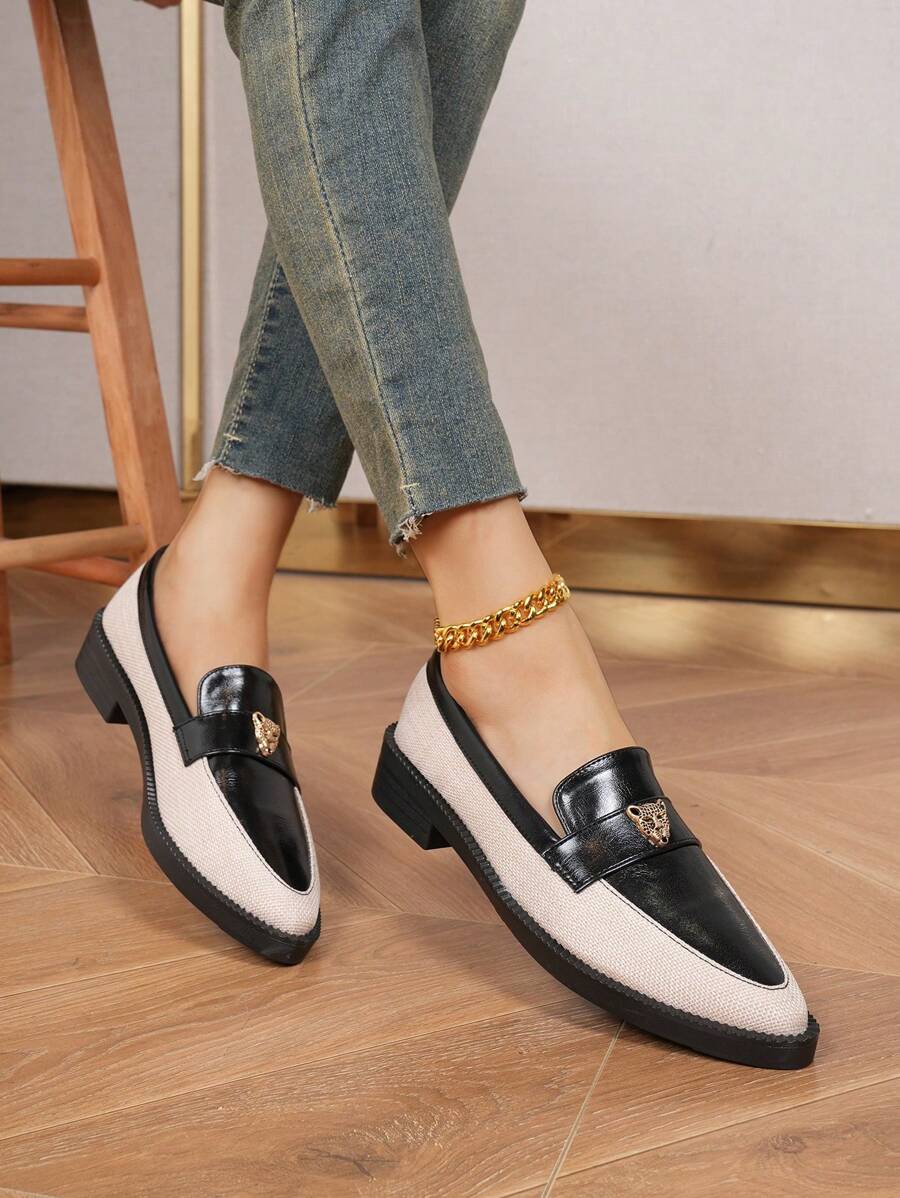 Ladies' Colorblock Pointed Toe Wedge Chelsea Loafers, British Style 2024 New Women's Slip-On Dress Pumps, Versatile High Heels - Black - View 1