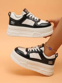 1 双女士新款坡跟厚底运动鞋，皮革鞋面圆头厚底运动鞋，软底轻便防滑时尚休闲鞋 - 黑色 - 查看 2