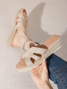 Giày sandal đế xuồng thêu dệt dày mới cho nữ, giày cao gót thời trang thường ngày, giày sandal xỏ ngón đi nghỉ - Màu be - Xem 5