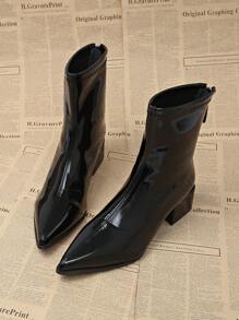 女士时尚优雅尖头粗跟踝靴，[尺码偏小 1 码] 百搭拉链后高跟细长靴，适合派对、聚会、商务、婚礼，黑色 - 黑色 - 查看 2