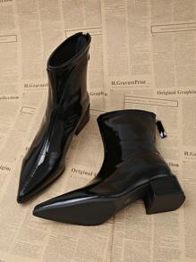 女士时尚优雅尖头粗跟踝靴，[尺码偏小 1 码] 百搭拉链后高跟细长靴，适合派对、聚会、商务、婚礼，黑色 - 黑色 - 查看 1