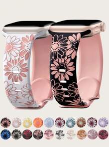 花卉雕刻表带兼容 Apple Watch 表带 40mm 38mm 41mm 42mm 44mm 45mm 46mm 49mm，柔软硅胶可爱双色花朵向日葵玫瑰运动表带兼容 Apple Watch 表带女款系列 10 9 8 7 6 5 4 3 2 1 SE Ultra Ultra 2 - 44/45/46/49/(42mm-Series 3 2 1) - 查看 13