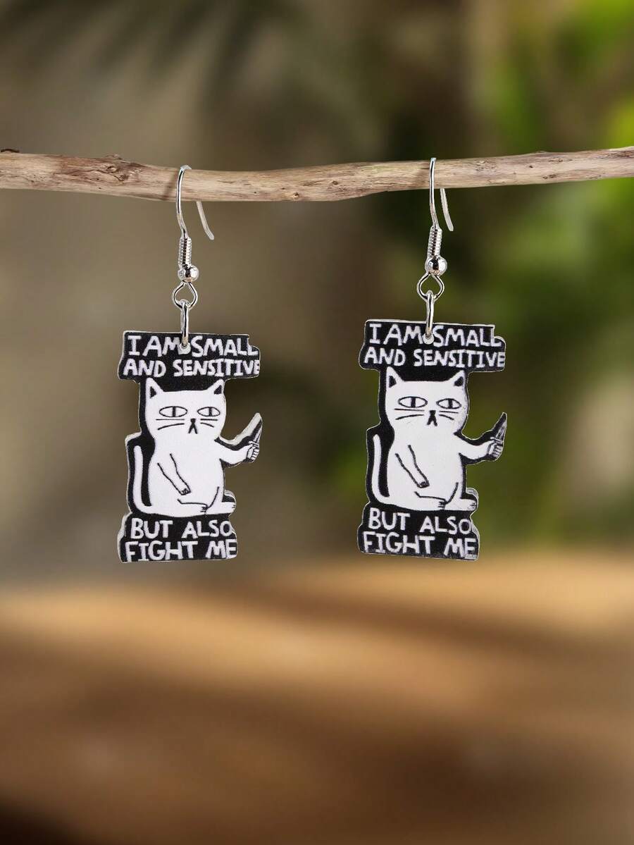 一对可爱卡通2D猫耳环，适合搭配服装，适合日常佩戴，聚会，派对，音乐节等场合，女士珠宝礼物 - 貓咪 - 查看 1