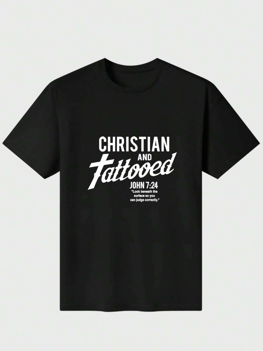 Tattoo T-Shirts, Tattoo Bible Verse Shirts, Look Beneath The Surface So You Can Judge Correctly And Be Inspiring Casual Digital Print 220g Pure  Heavy 100% Cotton T Shirt - Black - View 1