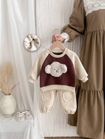 2 件装婴儿幼儿时尚熊头加厚保暖长袖卫衣和裤子套装，撞色拼接，秋冬