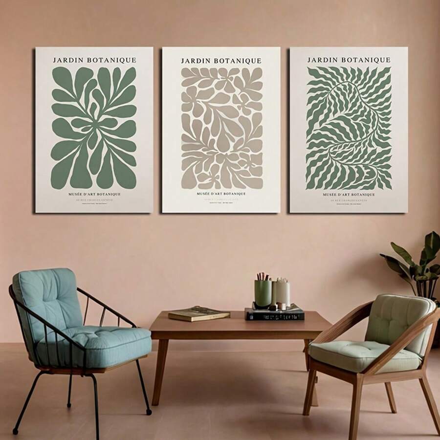 3 件套装饰艺术现代简约植物帆布艺术印刷品无框绿色调风景墙面装饰适用于客厅、卧室、家庭办公室室内/室外植物插图海报 - 彩色 - 查看 1