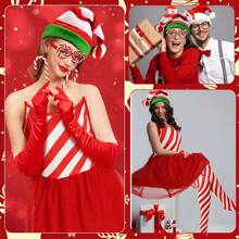 4 Stücke/Set Weihnachts-Kostüm-Accessoires für Frauen, bestehend aus Weihnachtsmann-Mütze mit Zuckerstangen, Zuckerbrillen, Tüllrock und gestreiften Socken