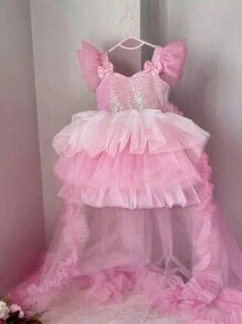 年轻女孩蝴蝶结亮片网眼拼布拖尾圣诞优雅派对礼服，公主裙适合女孩生日派对、婚礼、宴会、正式场合、花童婚纱、节日庆祝礼服 - 淺粉色 - 查看 2