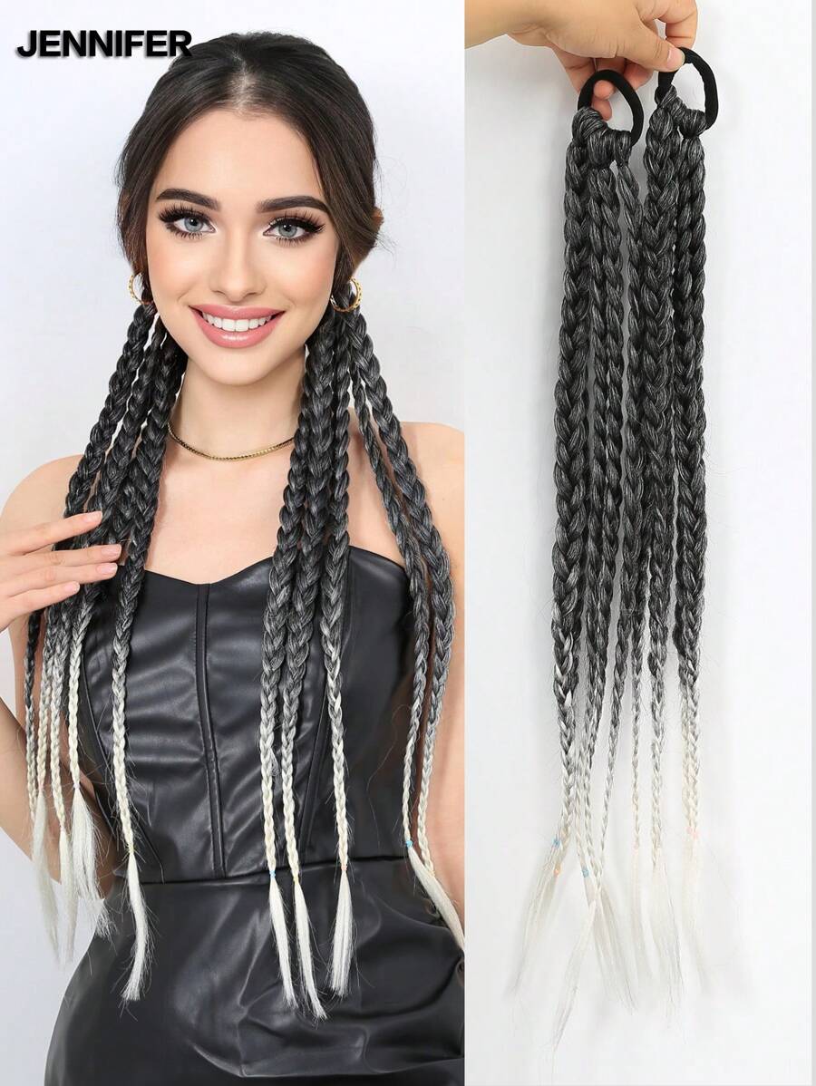 JENNIFER 2PCS Gray Gradient Braided Wig Synthetic Wig, 22 Inches Extensions Long Braid Tissued Sweet Cool Hot Girl Horsetail Braid Suitable For Women Daily Party Use