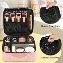 化妆包女士旅行化妆品收纳盒，带可调节隔板和刷子隔层，大号化妆品、洗漱用品、指甲油、珠宝、电子产品收纳盒，中号黑色 - 黑色 - 查看 4