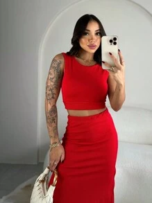 Anthonela Set, Women's Skirt And Cropped Set, With Detail And Tie At The Back, High Waist, Shaping Effect With Side Slits, Thick Ribbed, High Elasticity, Foreign Fashion Style Blogger Set - 紅色 - 查看 3
